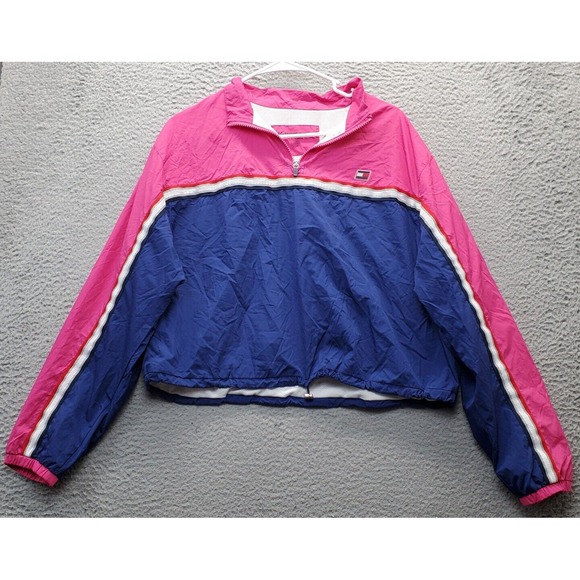 Tommy Hilfiger Sport Windbreaker Jacket Women's L Multi Crop Mesh Lined Full Zip - Picture 1 of 6